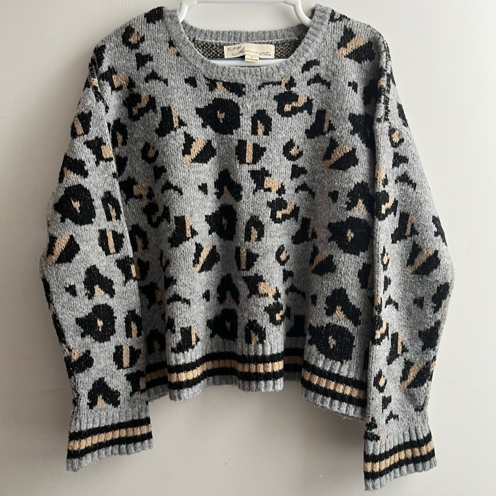Vintage Havana Leopard Print Gray Knit Sweater | Cozy Pullover M